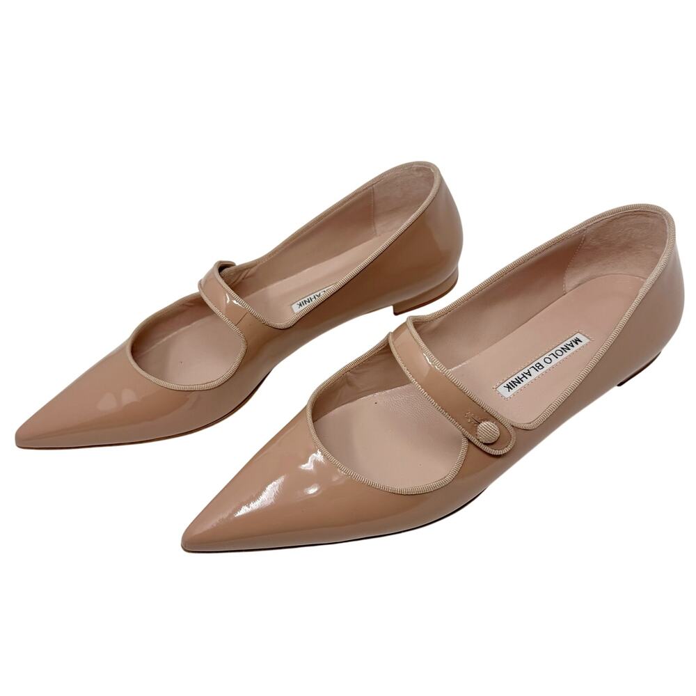 Manolo Blahnik Campariflat Nude Beige Tan Patent Pointed Toe Mary Jane Flats 40 - Picture 4 of 8